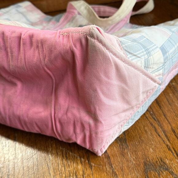 Llbean vintage pink plaid large boat and tote purse bag 100% cotton canvas vtg - Picture 10 of 10